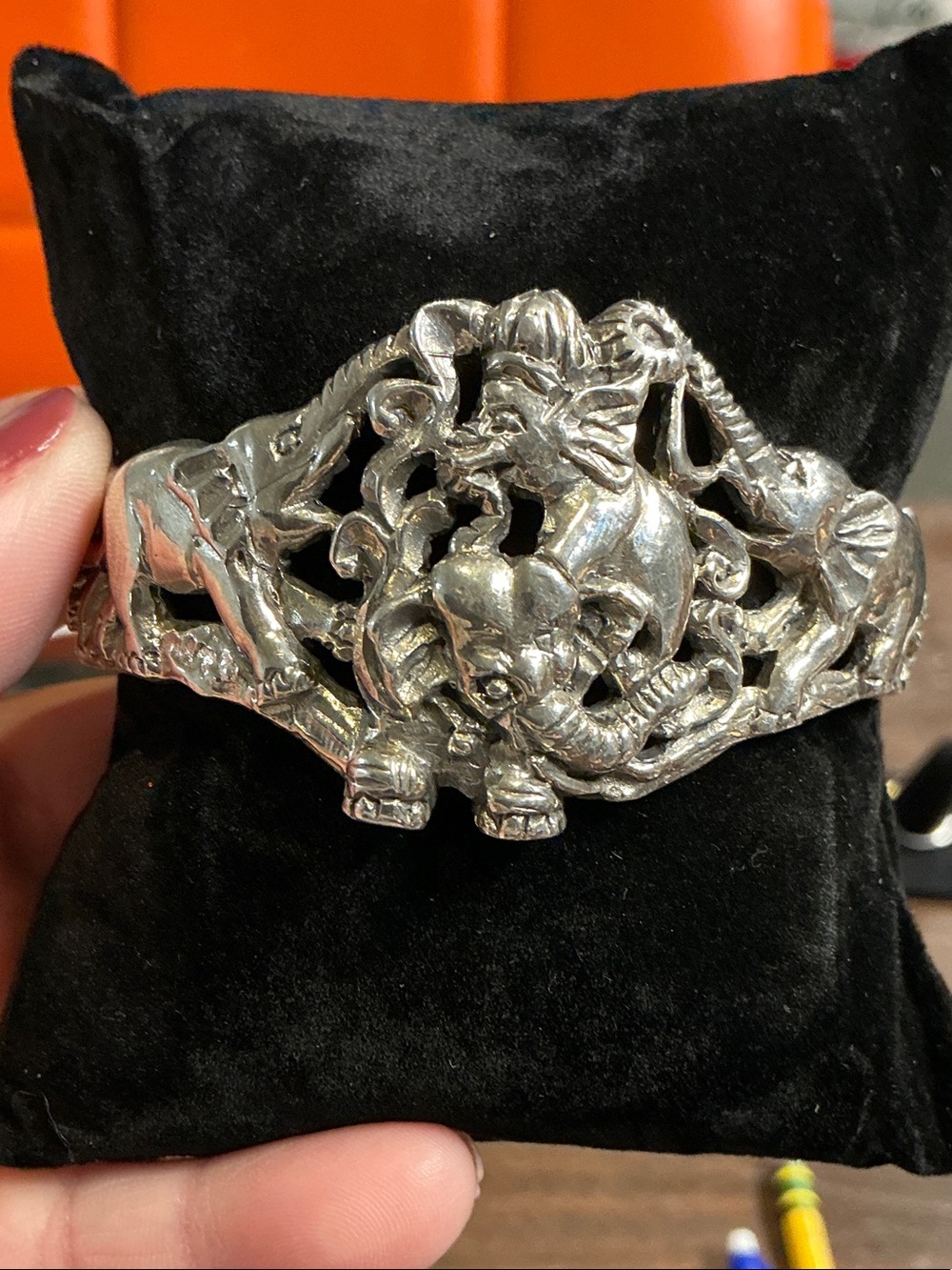 Silver Elephant Motif Cuff Bracelet - Unbranded 52g
